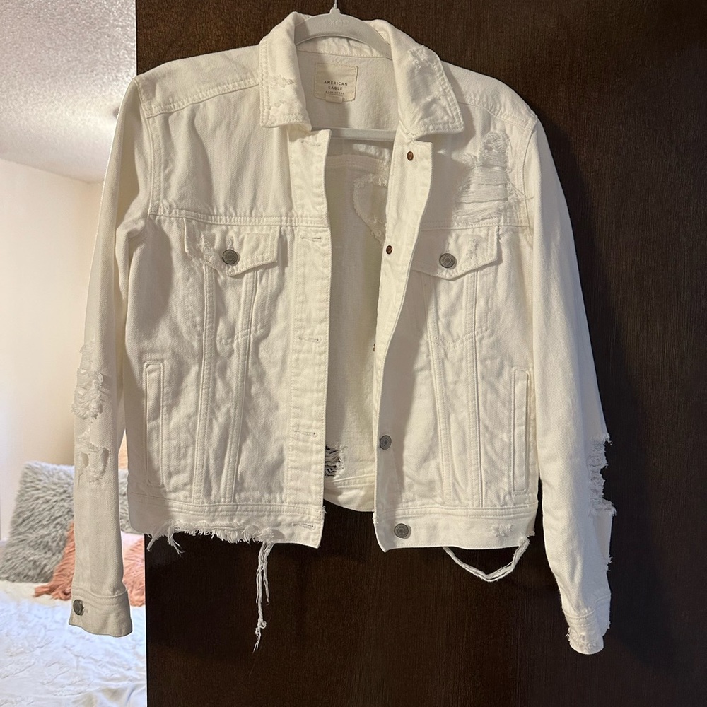 American Eagle Outfitters White Distressed Jean Jacket